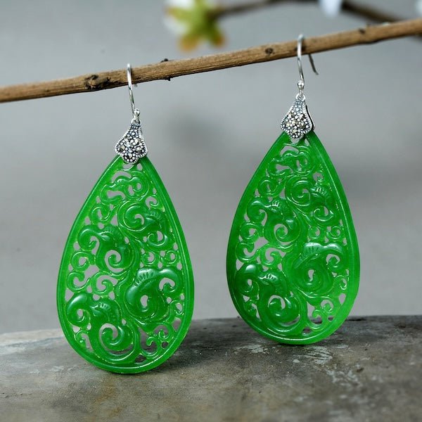 Waterdrop Jade oorbellen-Ruyi bloempatroon