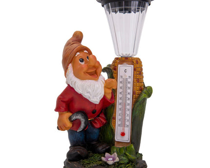 LED -decoratie Solar Light "Dwarf" met thermometer gemaakt van geschilderde polyresin, ongeveer 26 cm hoog en uitgerust met stevig geïnstalleerde LED's