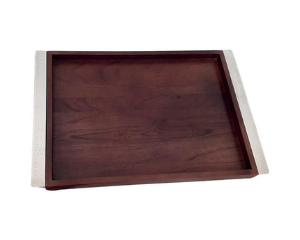 Rechthoekig houten dienblad met 44x33cm zilveren metalen handgrepen