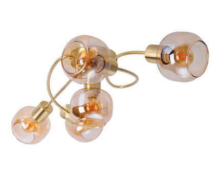 5er spot/plafondlamp "libby" messing, klassiek plafondlamp gemaakt van messing gekleurd metaal en getinte glas in barnsteen, met E14-aansluiting, voor eetkamer, woonkamer, gang of kantoor, 65,5 cm lang