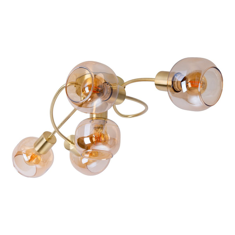 5er spot/plafondlamp "libby" messing, klassiek plafondlamp gemaakt van messing gekleurd metaal en getinte glas in barnsteen, met E14-aansluiting, voor eetkamer, woonkamer, gang of kantoor, 65,5 cm lang