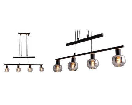 4 hanger lamp "fumoso", hanglamphoogte verstelbaar gemaakt van metaal en rookglas in zwart, met E14 -aansluiting, voor eetkamer, woonkamer, gang of kantoor, 78 x 10 cm