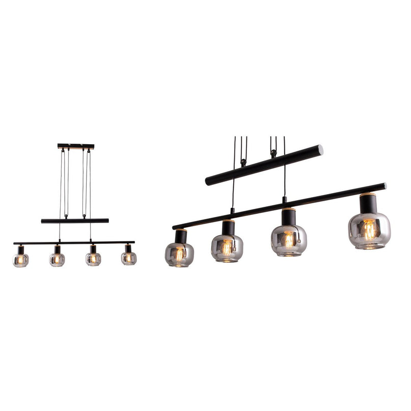 4 hanger lamp "fumoso", hanglamphoogte verstelbaar gemaakt van metaal en rookglas in zwart, met E14 -aansluiting, voor eetkamer, woonkamer, gang of kantoor, 78 x 10 cm