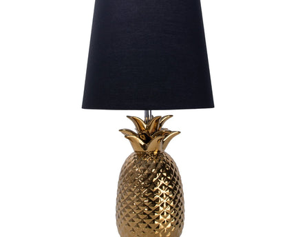 Keramische tafellamp "ananas", tafellamp gemaakt van keramiek met goudkleurig glazuur en zwart stofscherm, met E14-aansluiting, voor eetkamer, woonkamer, gang of kantoor, tafellamp 45 cm hoog