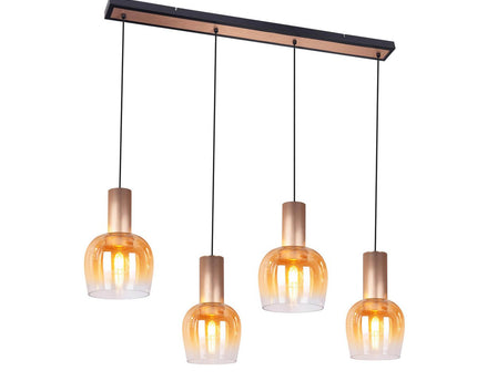 4-be hanger lamp "funda", retro hanger lamp gemaakt van amber-gekleurd glas en mat geborsteld, messing gekleurd metaal, met E27 verticals, 111 cm lang, 150 hoog, ideaal voor eetkamer, woonkamer en keuken.