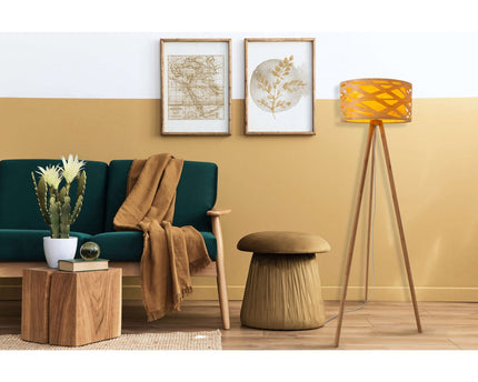 Staande lamp "Finja" gemaakt van natuurlijk gekleurde plastic/holzimitatie, met E27-versieverlichting voor woonkamer, eetkamer of kantoor, 148 cm hoog