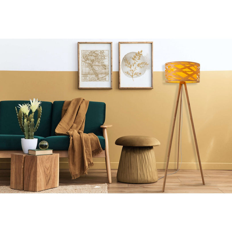 Staande lamp "Finja" gemaakt van natuurlijk gekleurde plastic/holzimitatie, met E27-versieverlichting voor woonkamer, eetkamer of kantoor, 148 cm hoog