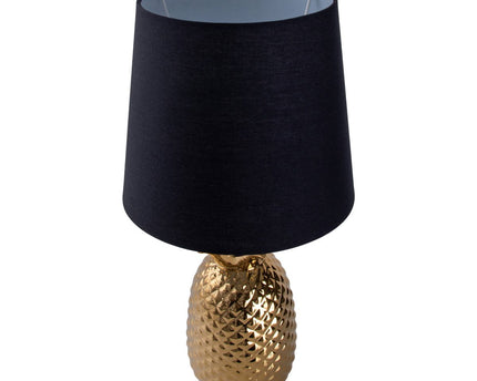 Keramische tafellamp "ananas", tafellamp gemaakt van keramiek met goudkleurig glazuur en zwart stofscherm, met E14-aansluiting, voor eetkamer, woonkamer, gang of kantoor, tafellamp 45 cm hoog
