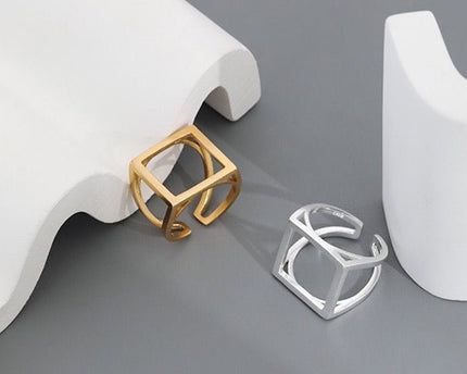 Sterling zilveren en gouden vermeil vierkante ring met opvallende look