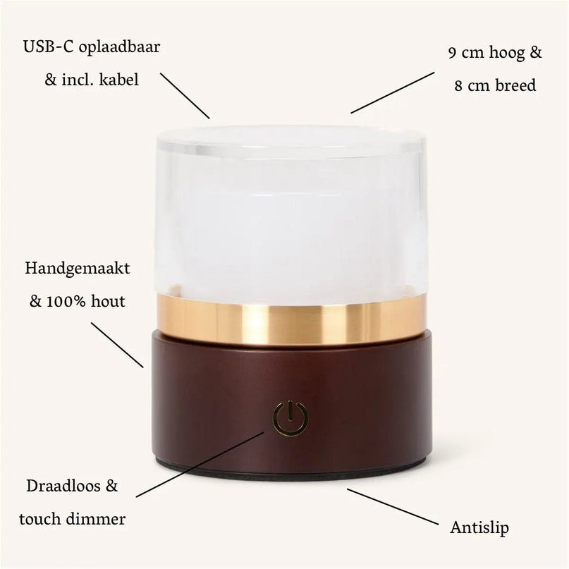 Leo donkerbruine compacte draadloze oplaadbare lamp – natuurlijk hout, dimbaar licht