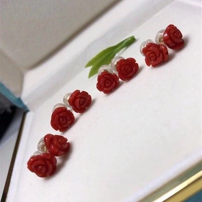 Tijdloos Red Coral Rose Flower Ear studs-18k goud