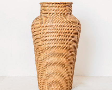 Geweven rotan vaas rond – grote boho decoratieve vaas – vaas hoog en smal – vloervaas handgemaakt van natuurlijke vezels (Ø 30 cm) KIDUNG
