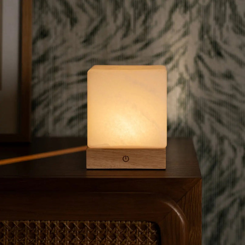 YCE lichtbruine draadloze houten lamp met bevroren glas-oplaadbare, dimbare, 100-uur batterij