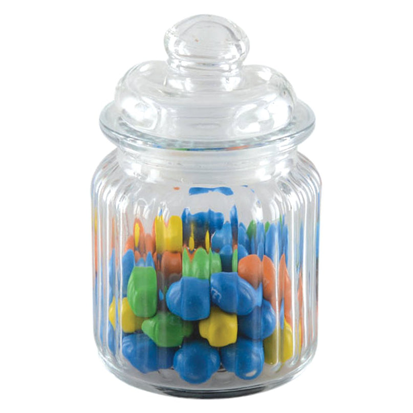Kleine glazen pot met gestreepte dekking