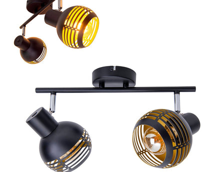 2-zitplaatsen muur en plafondlichtvlek "Casco" gemaakt van metaal in zwart en goud, met E27-aansluiting, 36 x 12 x 15 cm. Stijlvolle verlichting voor woonkamer, eetkamer of keuken.