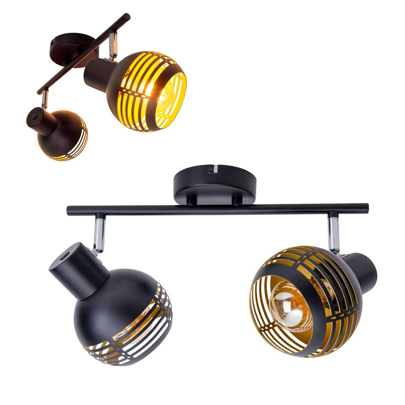 2-zitplaatsen muur en plafondlichtvlek "Casco" gemaakt van metaal in zwart en goud, met E27-aansluiting, 36 x 12 x 15 cm. Stijlvolle verlichting voor woonkamer, eetkamer of keuken.