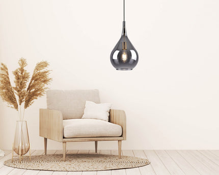 Hanger lamp "gota", retro klassieke hanglamp gemaakt van zwart rookglas Ø 25 cm, met E27 -versies, 150 hoog, ideaal voor eetkamer, woonkamer en keuken.