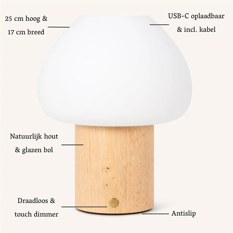 Fynn Lichtbruine houten lamp – Oplaadbaar, dimbaar en stijlvol