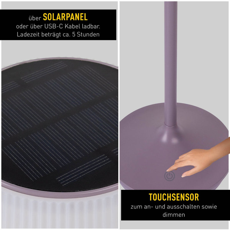 Zonne -batterijlamp "EMMI" 38 cm hoog, paraplu Ø 13 cm, metaal in bramen en wit plastic, voor de buitenruimte, dimable CCT.