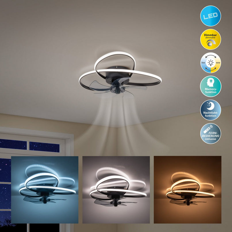 Het moderne LED -plafondlicht "Leccio" inclusief ventilator, nachtlichtfunctie, dim- en lichttemperatuurinstelling is uitgerust met stevig geïnstalleerde LED's en heeft een geschatte Øvon 58 cm.