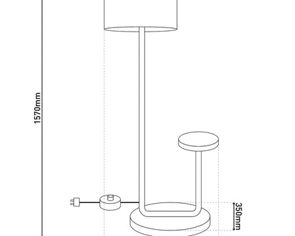Staande lamp met geïntegreerde "tordis" -tafel gemaakt van zwart metaal en natuurlijk wit textielmateriaal, 157 cm hoog, E27