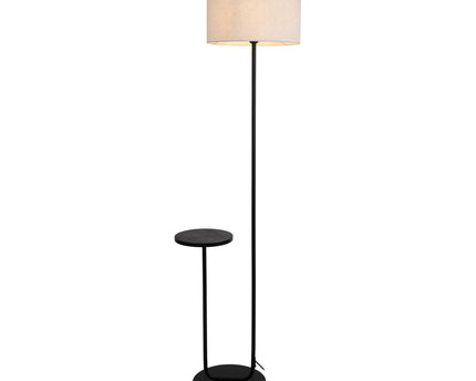 Staande lamp met geïntegreerde "tordis" -tafel gemaakt van zwart metaal en natuurlijk wit textielmateriaal, 157 cm hoog, E27