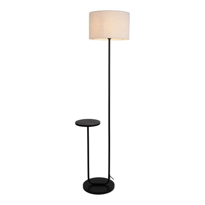 Staande lamp met geïntegreerde "tordis" -tafel gemaakt van zwart metaal en natuurlijk wit textielmateriaal, 157 cm hoog, E27