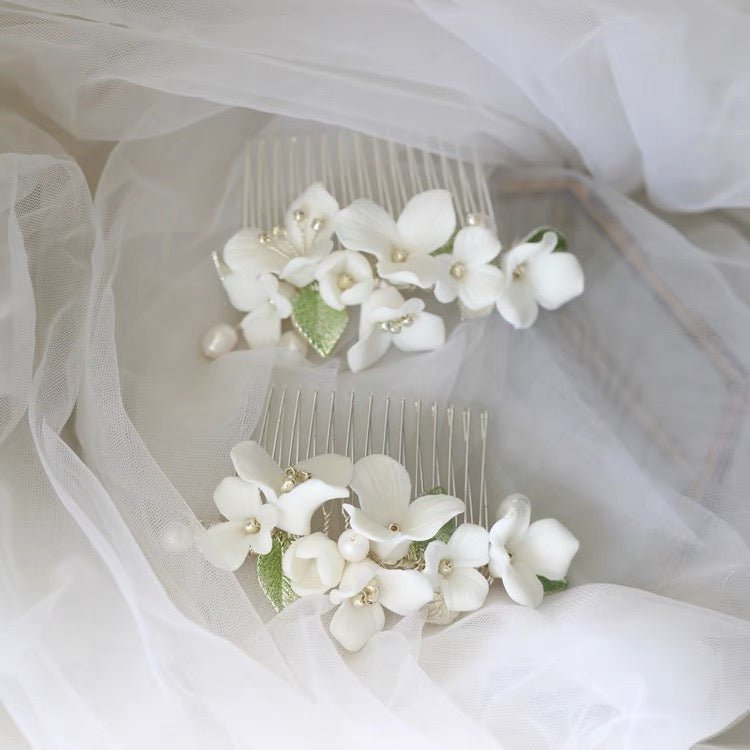 Keramische bloemen bruids haarspeld-groen blad
