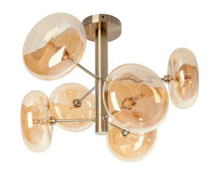 Plafondlamp "Orion" Ø ongeveer 53 cm barnsteen, gemaakt van messing gekleurd metaal en glas in barnsteen, G9-basis, verlichting voor woonkamer, eetkamer of kantoor.