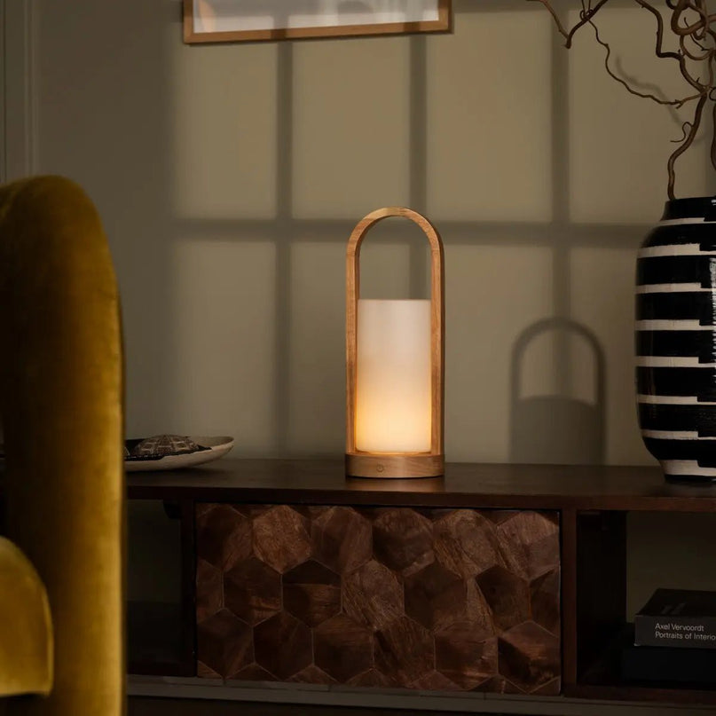 Evie Lichtbruine Oplaadbare Houten Tafellamp – Dimbaar & Snoerloos