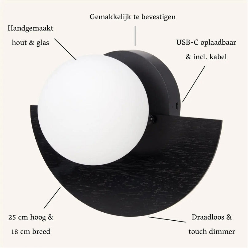 Kane zwarte draadloze wandlamp – oplaadbare hout- en glaslamp