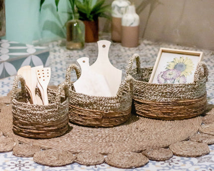 Opbergmand | Decoratieve mand | Plantenmand KUTUS (naturel) van zeegras en bananenvezel (3 maten)