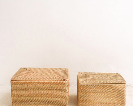 Opbergmand met deksel – Plankmand gemaakt van beige rotan – Handgeweven decoratieve mand GRAHA (2 maten)
