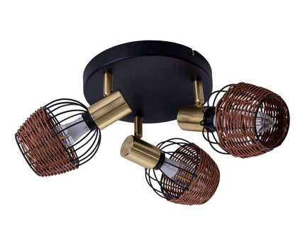 3 "Corbis" plafond Rondel, metalen plek in zwart, met goud en rattan, met E14 -aansluiting, voor eetkamer, woonkamer, gang of kantoor, verlichting voor woonkamer, eetkamer of kantoor, 38 cm diameter, diameter van 38 cm
