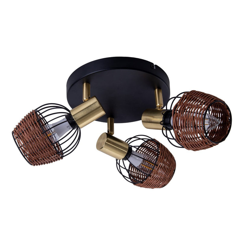 3 "Corbis" plafond Rondel, metalen plek in zwart, met goud en rattan, met E14 -aansluiting, voor eetkamer, woonkamer, gang of kantoor, verlichting voor woonkamer, eetkamer of kantoor, 38 cm diameter, diameter van 38 cm