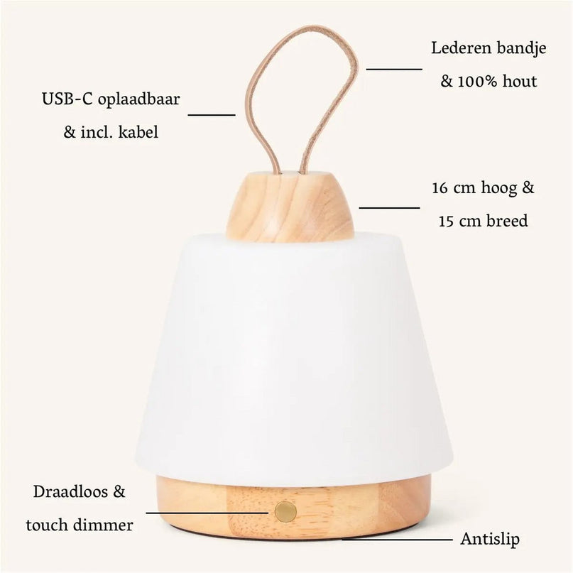 Liv lichtbruine oplaadbare lamp – lederen band, dimbaar, draadloos