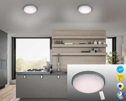 LED -wand- en plafondlamp "Catania" Ø 29 cm, chroom -gekleurd metaal, wit plastic (PMMA), dimbaar, kristaleffect, geheugeneffect, nachtlicht