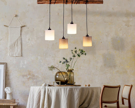 4 hanglamp "Malta" gemaakt van metaal en hout, met textielparaplu's in grijs en wit, E27 -aansluiting, verlichting voor woonkamer, kantoor of nachtkastje