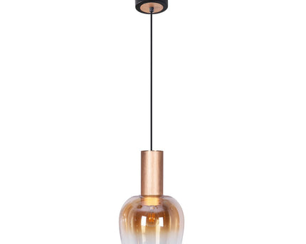 1 serie hanger "Funda" 150 cm hoog, Ø 23,5 cm, gemaakt van geborsteld messing met metaal en barnsteen -gekleurd glas, E27, voor woonkamer, eetkamer, keuken en kantoor