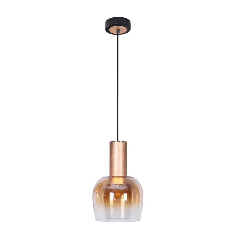 1 serie hanger "Funda" 150 cm hoog, Ø 23,5 cm, gemaakt van geborsteld messing met metaal en barnsteen -gekleurd glas, E27, voor woonkamer, eetkamer, keuken en kantoor