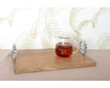 RECHTHOEKIG HOUTEN DIENBLAD MET ZILVEREN HANDVAT 40X26X11CM