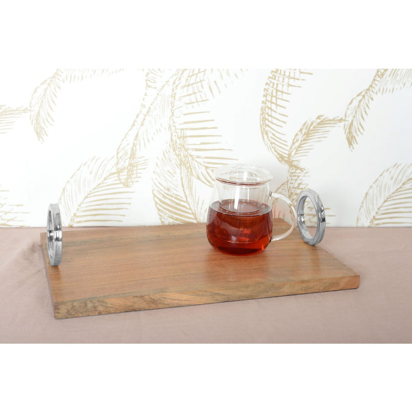 RECHTHOEKIG HOUTEN DIENBLAD MET ZILVEREN HANDVAT 40X26X11CM