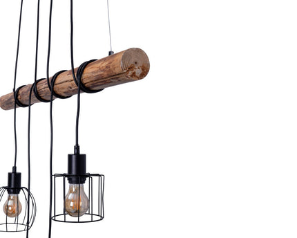 4 hanglamp "Woodland", hanglamp, metaal en hout in zwart en natuurlijke E27 -aansluiting, voor eetkamer, woonkamer, gang of kantoor, 100 cm lang