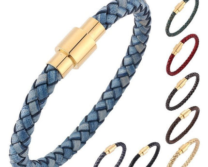 Gevlochten lederen herenarmband-gouden gesp