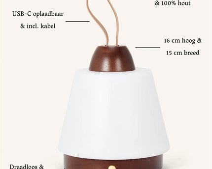 Liv donkerbruine oplaadbare lamp – leren band, dimbaar, 3 lichtmodi, draadloos