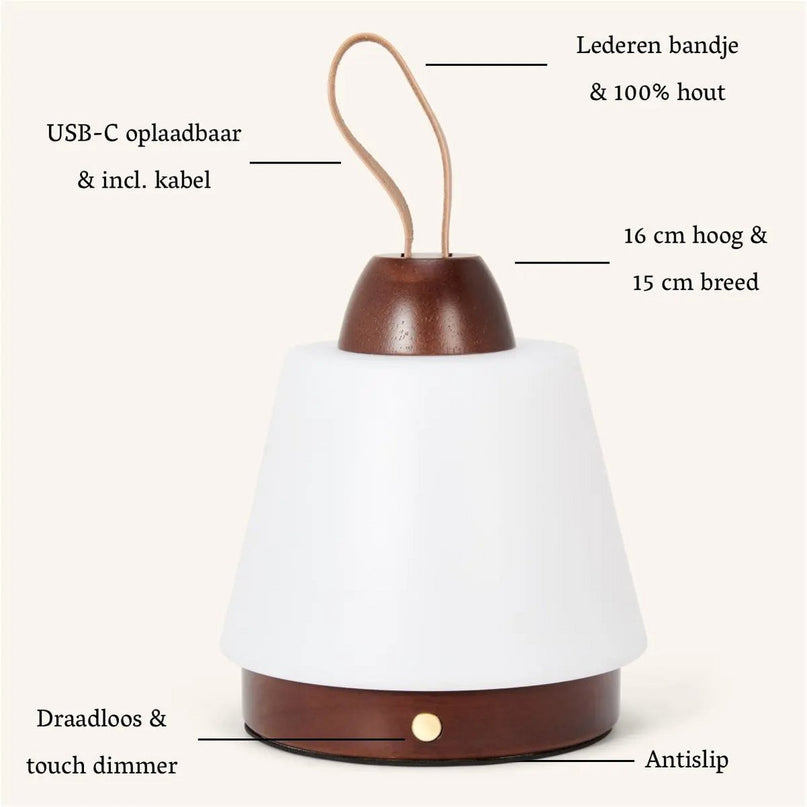 Liv donkerbruine oplaadbare lamp – leren band, dimbaar, 3 lichtmodi, draadloos
