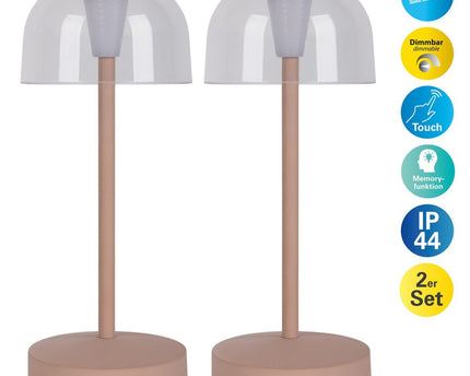 2-ex-ingestelde LED-batterijtafellamp "Gomba" voor buiten en binnen, gemaakt van metaal en plastic in matte amandel, 18,5 cm hoog