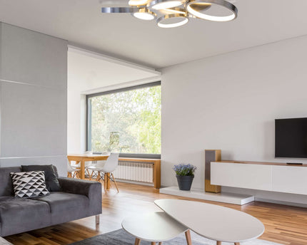 LED-plafondlicht "Stelari" Ø 56 cm, gemaakt van metaal in stalen blank en wit plastic, met stevig ingebouwde LED's, plafondlamp voor woonkamers of kantoor