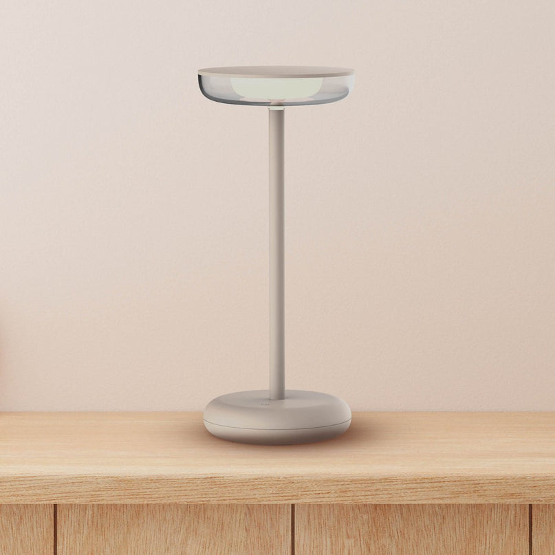 Noteloze tabletlicht "Pasi" voor buiten en binnen, gemaakt van metaal en plastic in beige, dimable, met aanraking en geheugenfunctie, ca. 26 cm hoog