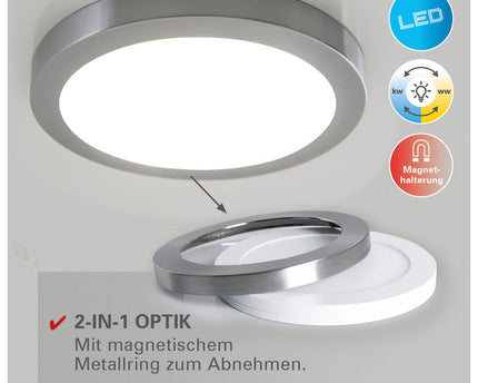 LED -plafondlamp "bonus", functie, metalen plafondlamp en plastic, ringen in chroom en wit kunnen worden gewijzigd, met stevig ingebouwde LED's, 22,5 cm diameter